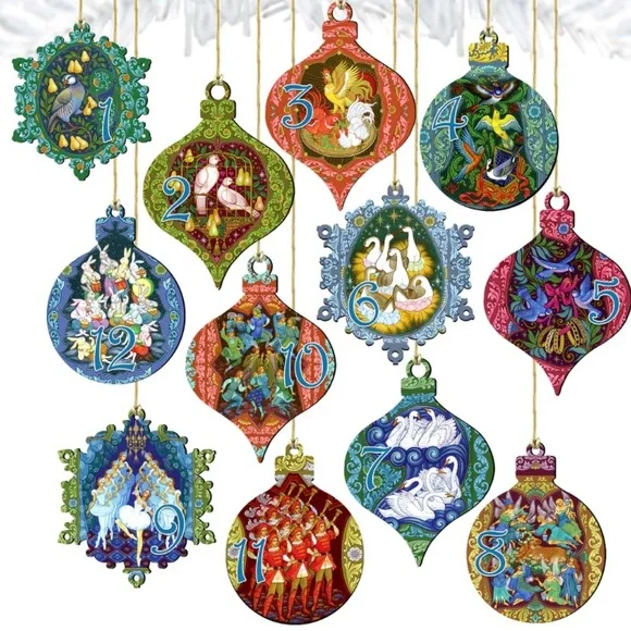 Set of 12 G. DeBrekht 12 Days of Christmas Wood Wooden Ornaments w/ Box + Wreath - Picture 8 of 8